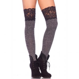 Ribbed knit over the knee slouch socks with wide lace top O/S GREY/BLACK