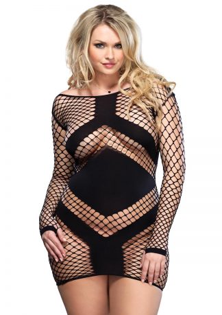 Diamond Net Long Sleeved Mini Dress With Opaque Panel Accents Plus Size Black LA-86593Q07001