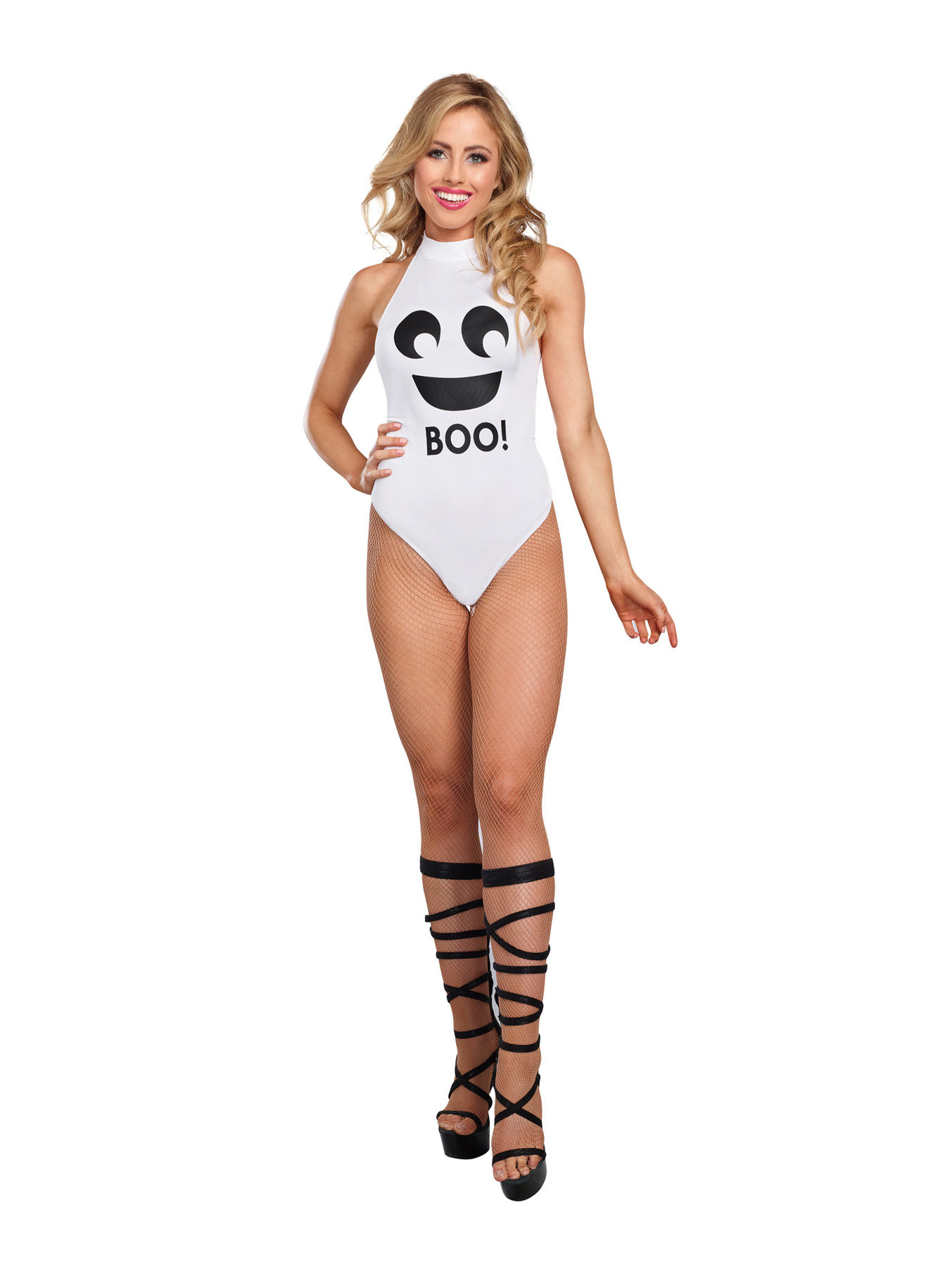 High neck bodysuit with a ghost face and the word "Boo!" ...