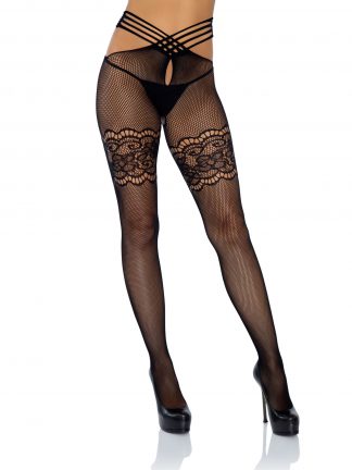 Strappy Wrap Around Crotchless Fishnet Tights With Lace Garter Detail