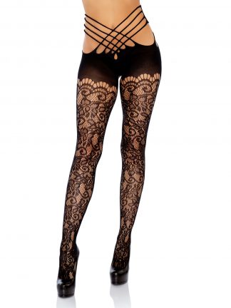 Vine Lace Strappy Wrap Around Open Back Crotchless Tights