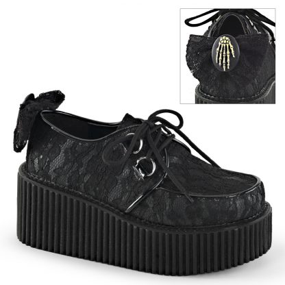 Demonia CREEPER-212 3" PF Lace-Overlay Creeper with Bow & Skeleton Hand Detail