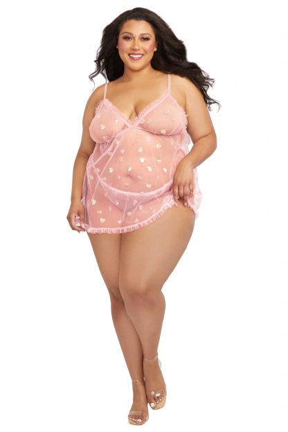 12394X Sheer Delicate Mesh Babydoll With Sequins Hearts