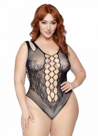 Seamless Net And Lace Bodysuit With Dual Shoulder Straps And Cheeky Cut Bottom
