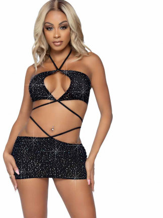 2 Pc Rhinestone Keyhole Bandeau Top And Low Rise Skirt With Waist Strap Detail