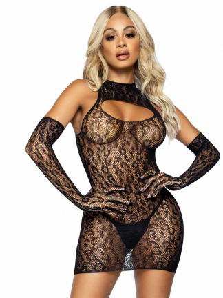 2 Pc Leopard Net Keyhole Dress And Matching Gloves