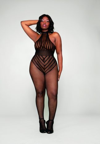 Plus Size Open Crotch Fishnet Bodystocking with Halter Neck & T-Back Strap