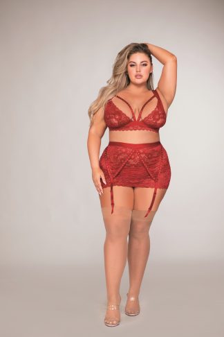 Plus Size Scalloped Lace Bralette Garterskirt & G-String Set with Studded Strapping