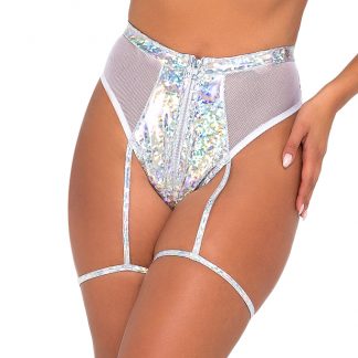 6107 Two-Tone Iridescent Zip-Up Vinyl Shorts with Mesh Panel & Attached Garters