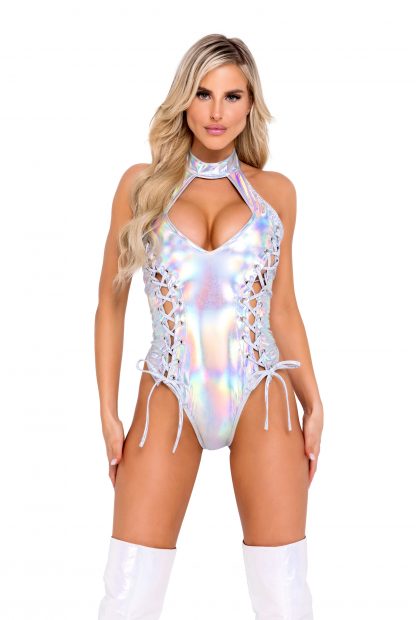 6113 Holographic Lace-Up Romper with Keyhole Cutout