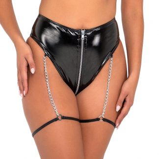 6118 High-Waisted Vinyl Zip-Up Shorts with Attached Chain Garters