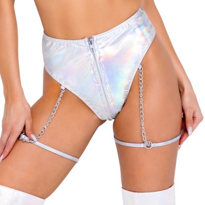 6118 High-Waisted Vinyl Zip-Up Shorts with Attached Chain Garters